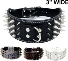 3" WIDE RAZOR SHARP Spiked Studded Leather Dog Pet Collar 4-ROWS 19-22" 21-24"