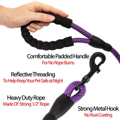 5FT Service Dog Rope Leash Lead Train Padded Handle Reflective Nylon M L Black